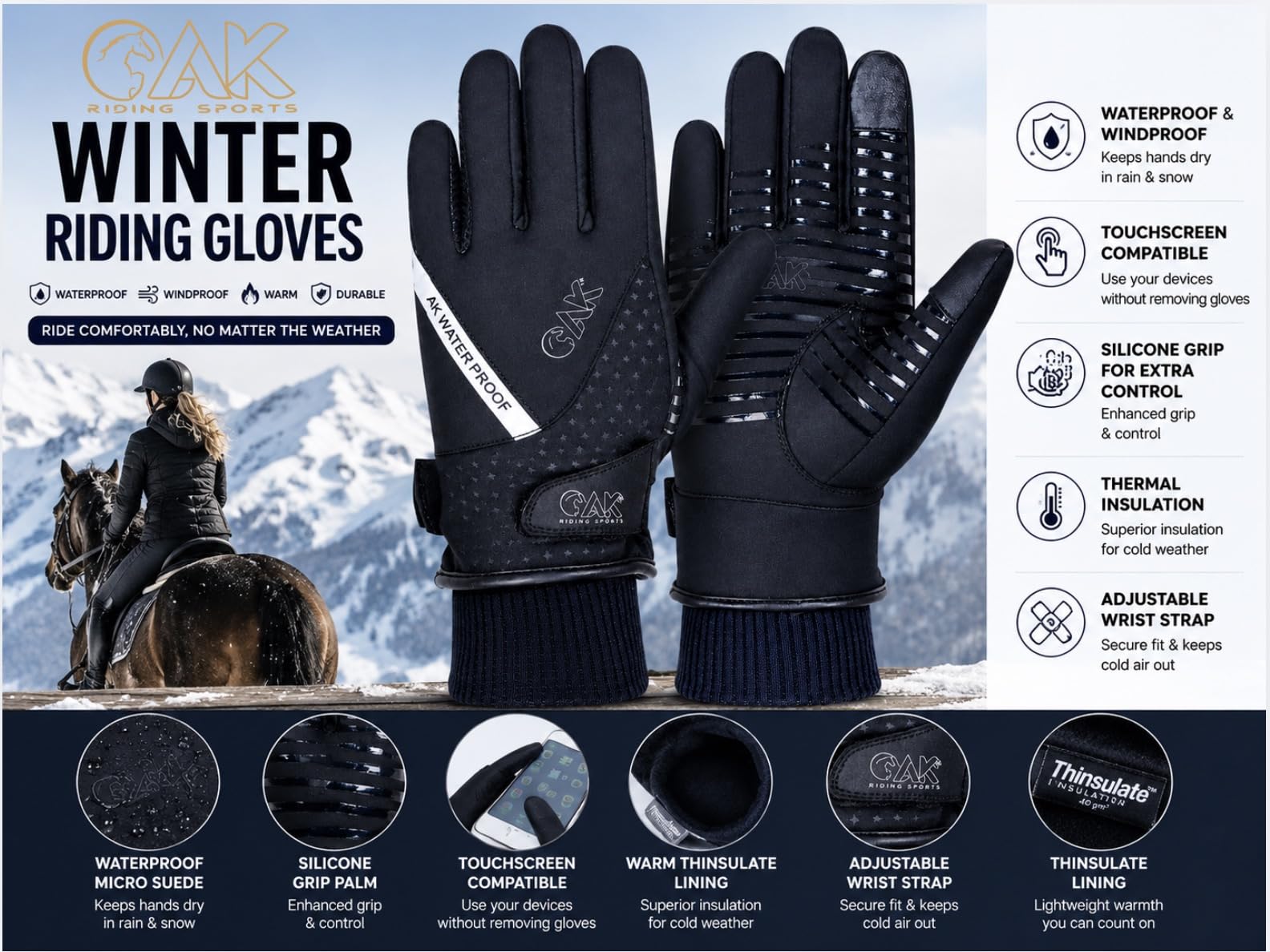 AK AKRS-8391 - Guanti invernali impermeabili per equitazione, colore: Nero