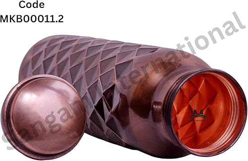 Miniatura 2 de Botella de agua de cobre de 1 litro a prueba de fugas, diseño de rombos con acabado brillante, botella de agua para el hogar, cocina, oficina,