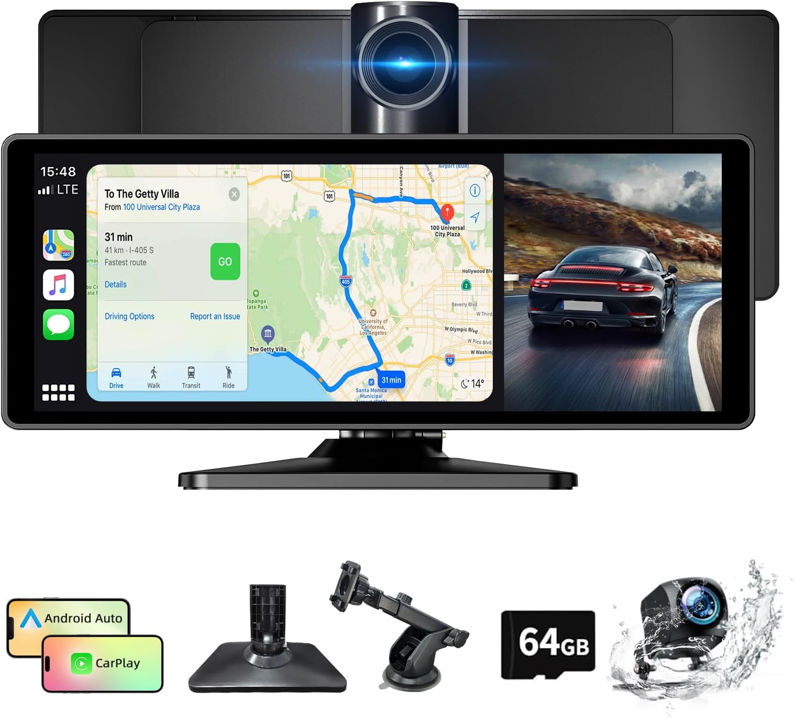 10.26 Inch Carplay Screen for Car, Portable CarPlay Screen with Wireless Carplay & Android Auto, 4K Dash Cam/1080P Backup Camera/GPS Navigation/Mirror Link/Bluetooth, Car Touch Screen with 64GB TF
