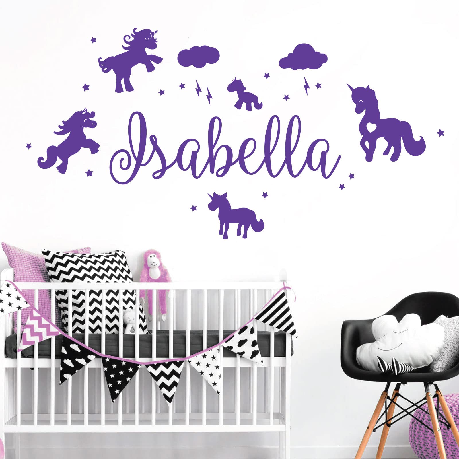 Unicorns, Stars & Clouds - Personalised Name Girls Wall Art Sticker [Large] [Purple]