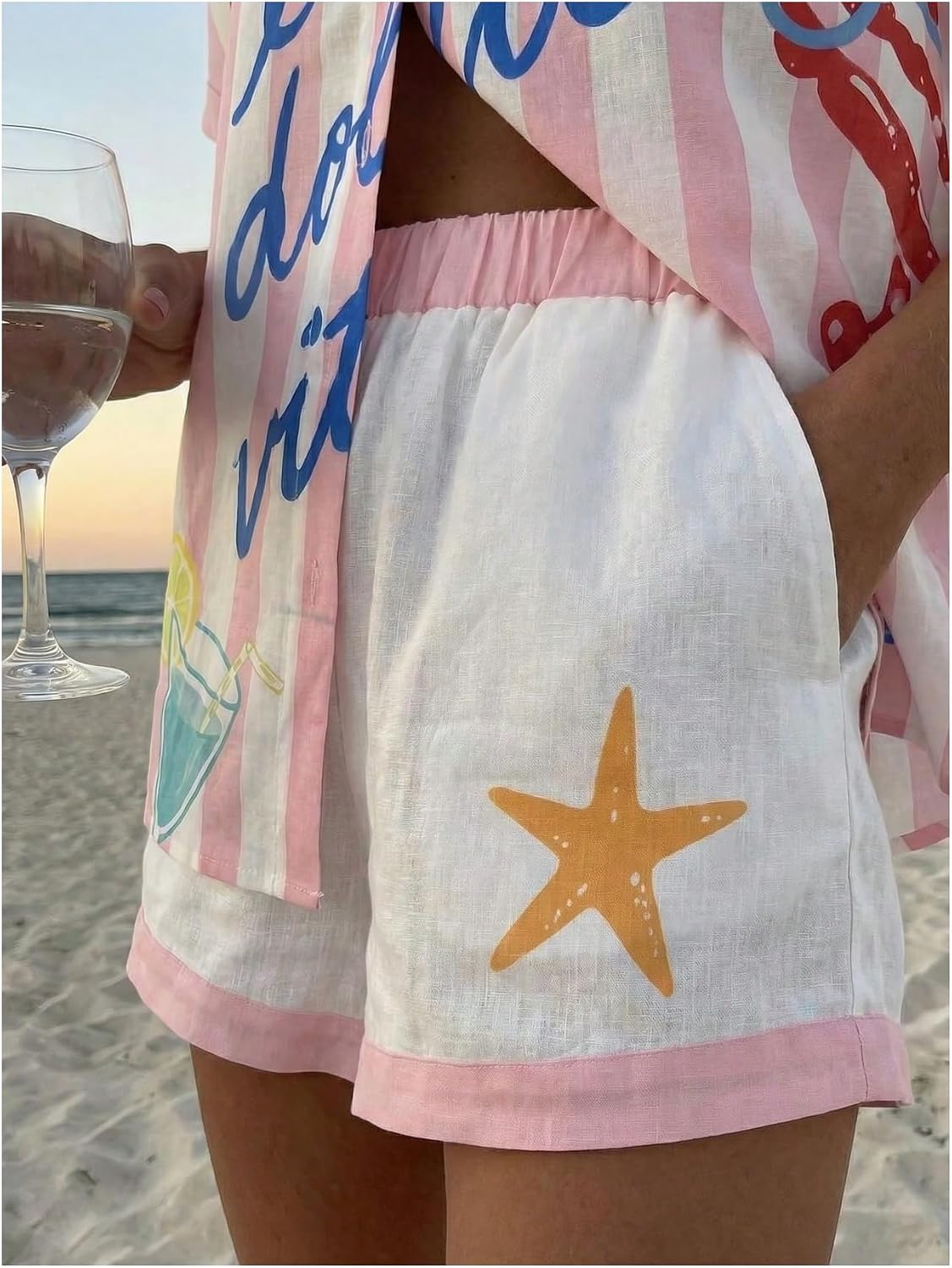 Verdusa Women's 2 Piece Vacation Outfits Button Up Striped Shirt with Mini Shorts Matching Sets