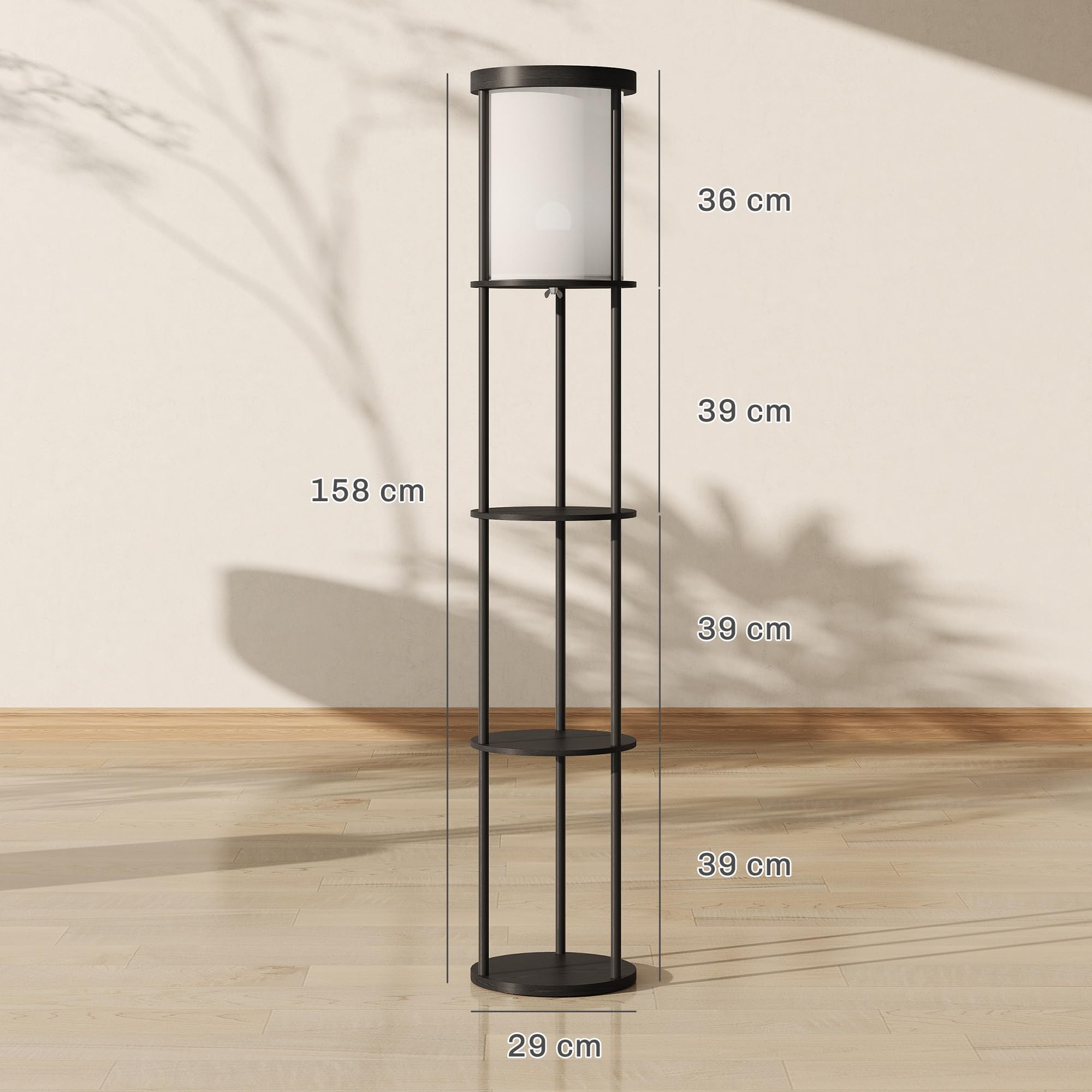 HOMCOM Lampada da Terra LED con Ripiani Rotondi, Piantana Moderna Nero | Paralume in Tessuto, Interruttore a Pedale e Telecomando, per Soggiorno e Camera da Letto
