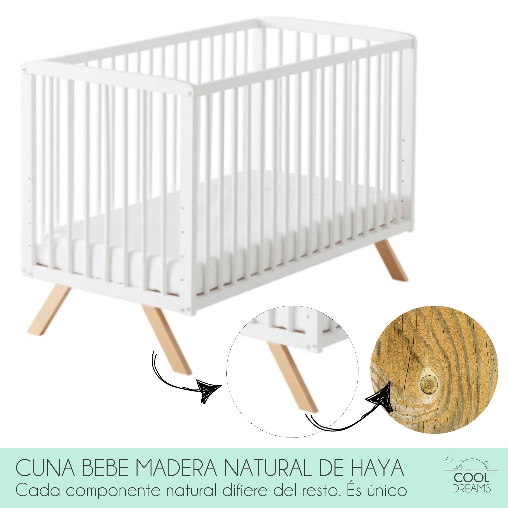 Cuna Convertible Nuru con Kit colecho para unir a la Cama y barandillas Blancas. Conforme a normativa Europea CoolDreams