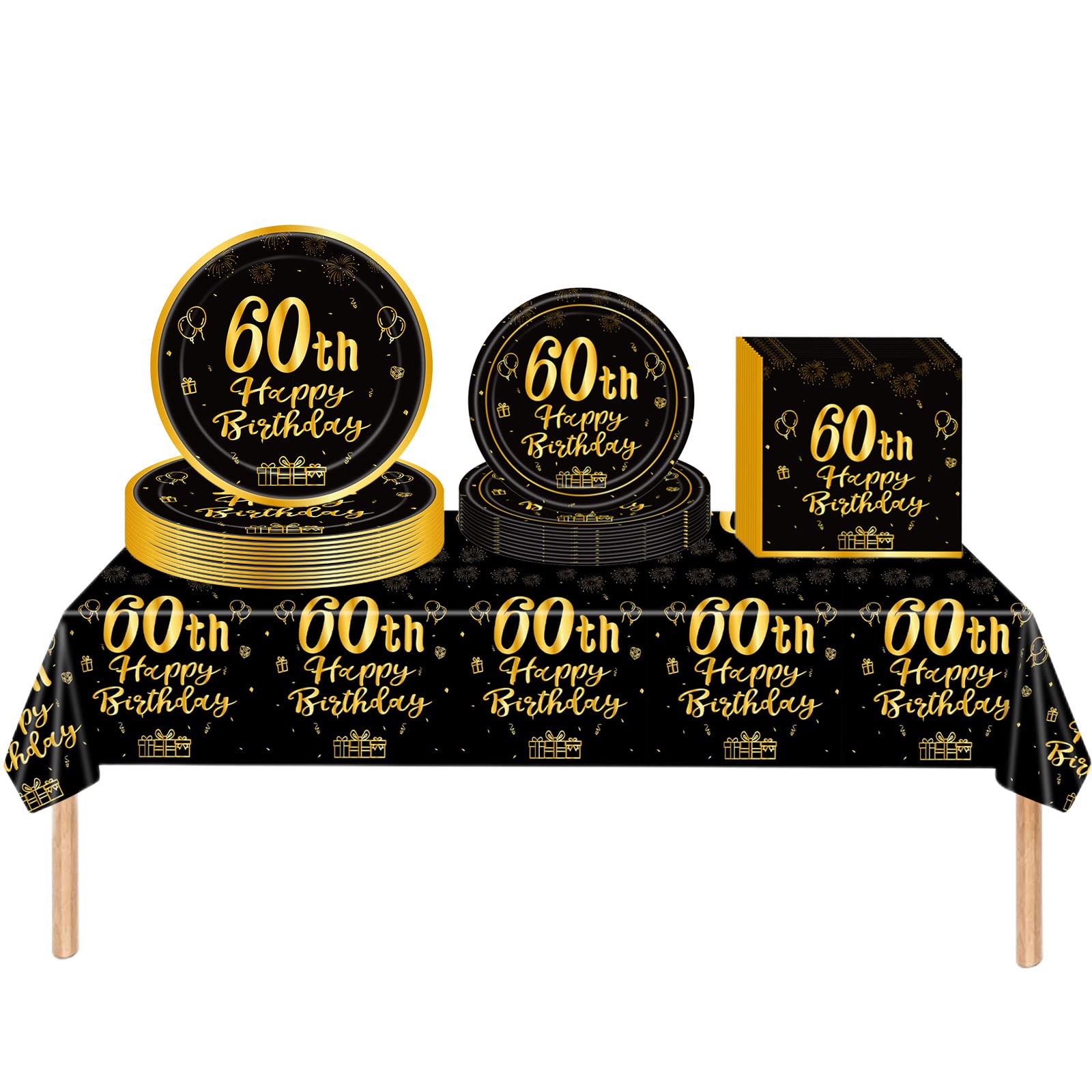 53Pcs Black Gold Happy 60th Birthday Party Tableware Plastic Table Cloth,7,9inch Paper Plates,Napkins for Man Birthday Table Decorations Disposable Party Tableware Set for Him Men Birthday Party