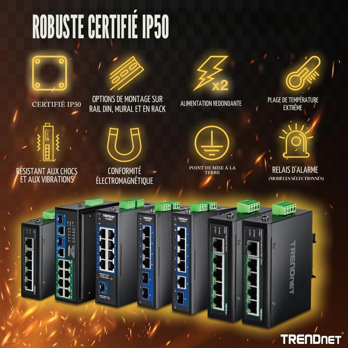 TRENDnet, TI-PG50, Commutateur Gigabit Industriel renforcé Non géré à 5 Ports, 10/100/1000 Mbps, commutateur sur Rail DIN, 4 Ports Gigabit PoE+, 1 Port Gigabit