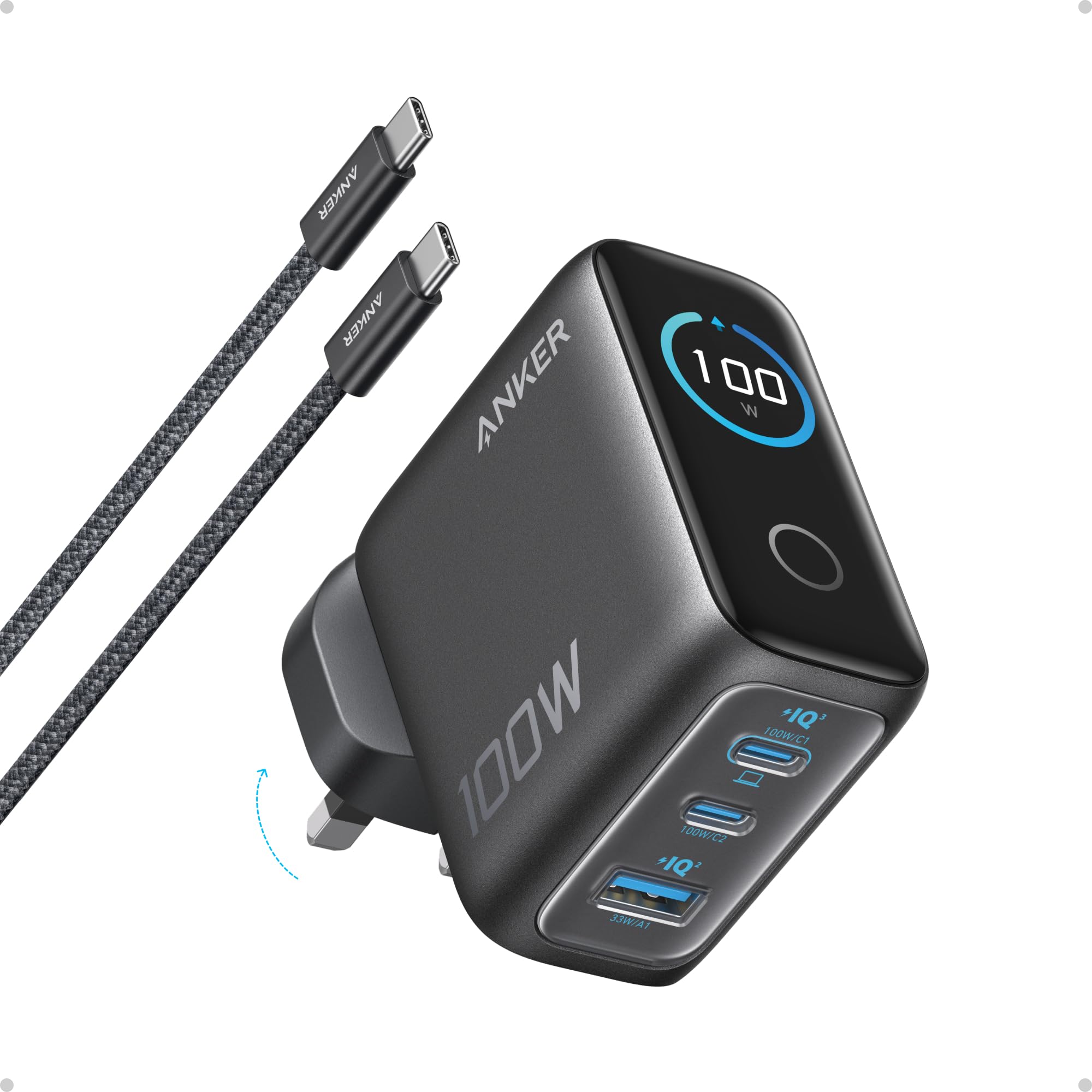 Anker 100W USB C Charger, 3-Port Fast Charger Plug, Ultra-Compact GaN Laptop Charger, Smart Display, Touch Control, for MacBook, iPad, iPhone 17/16/15 Series (USB-C Cable Included)