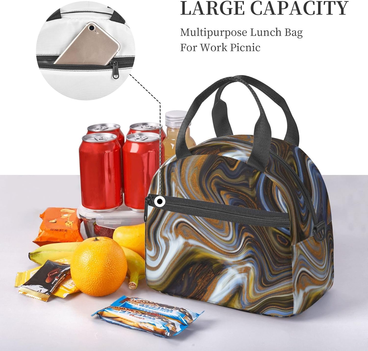 Abstract Marble Ink Textur Print Reusable Lunch Bag Insulated Lunch Boxes for Office Work Picnic Tote Bag Adjustable