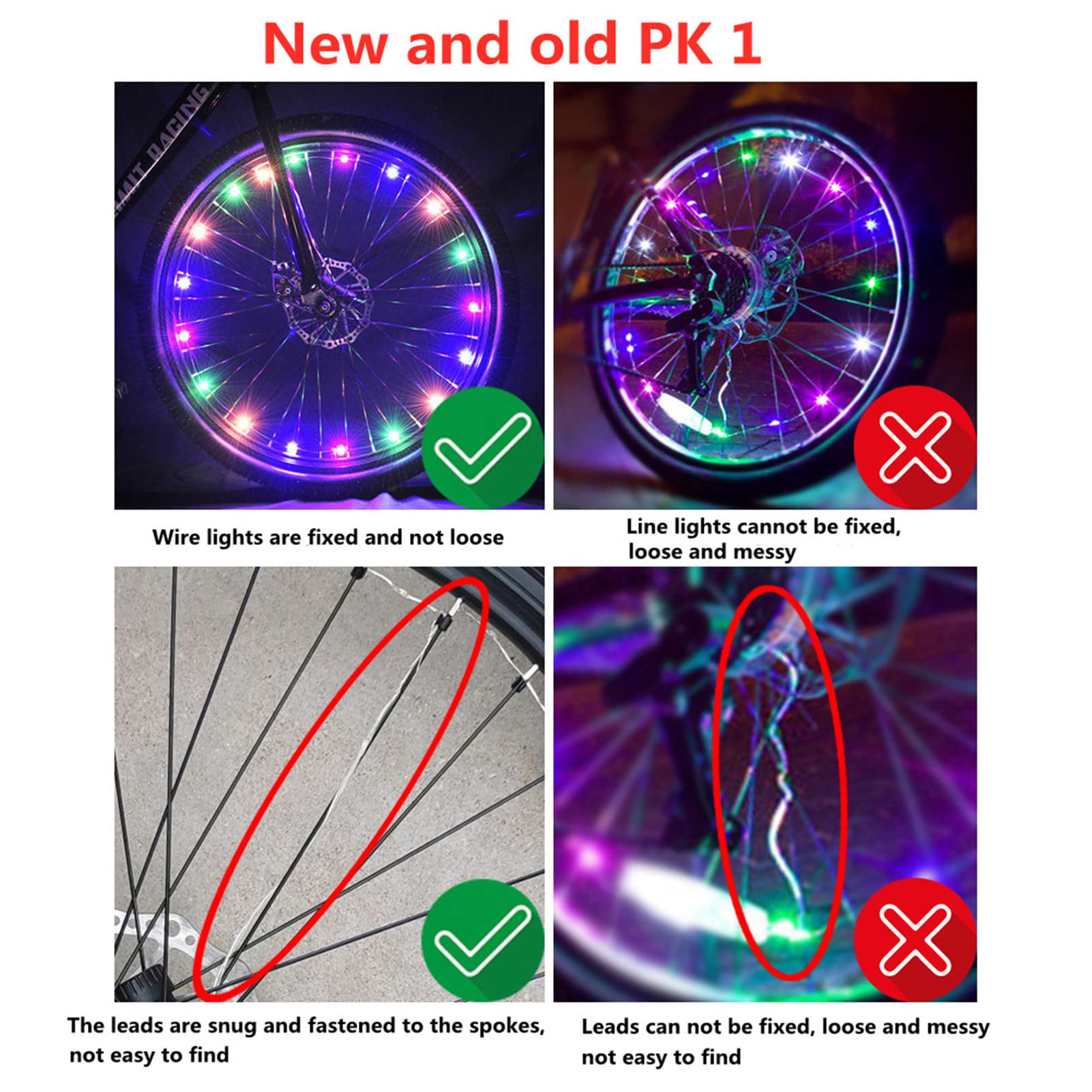 Lot De 2 Lampes LED Pour Rayons De Vélo – 6 Couleurs, 3 Modes, étanches IP67, Piles Incluses, 2,2 M De Câble