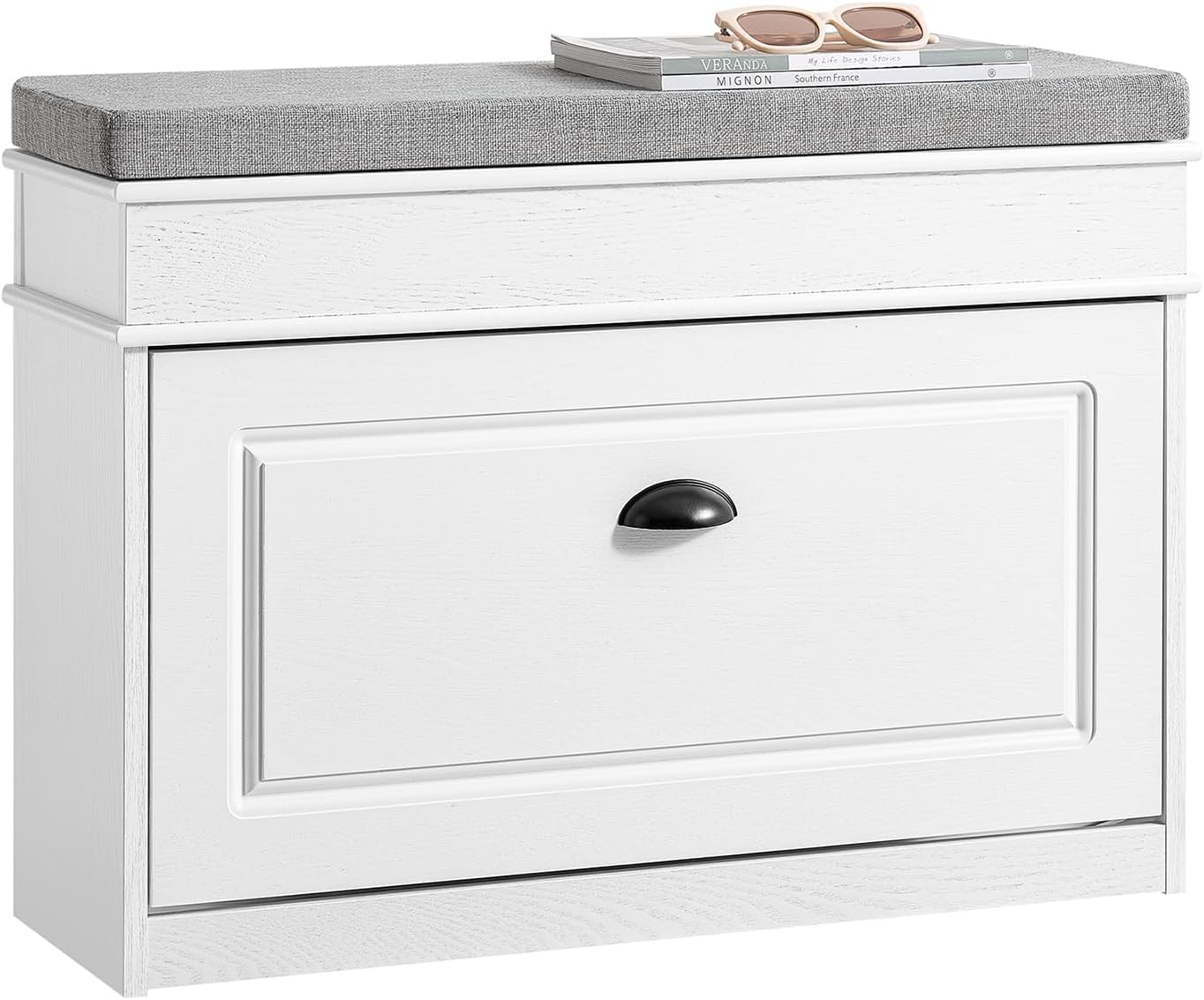 SoBuyShoe Storage Bench with Seat Cushion Narrow Shoe Cabinet with Flip Drawer 2-Tier Rack 180kg Load Hallway Storage Unit for Small Spaces W75xD24xH54cm White Vintage Wood Grain Effect FSR82-L-WG
