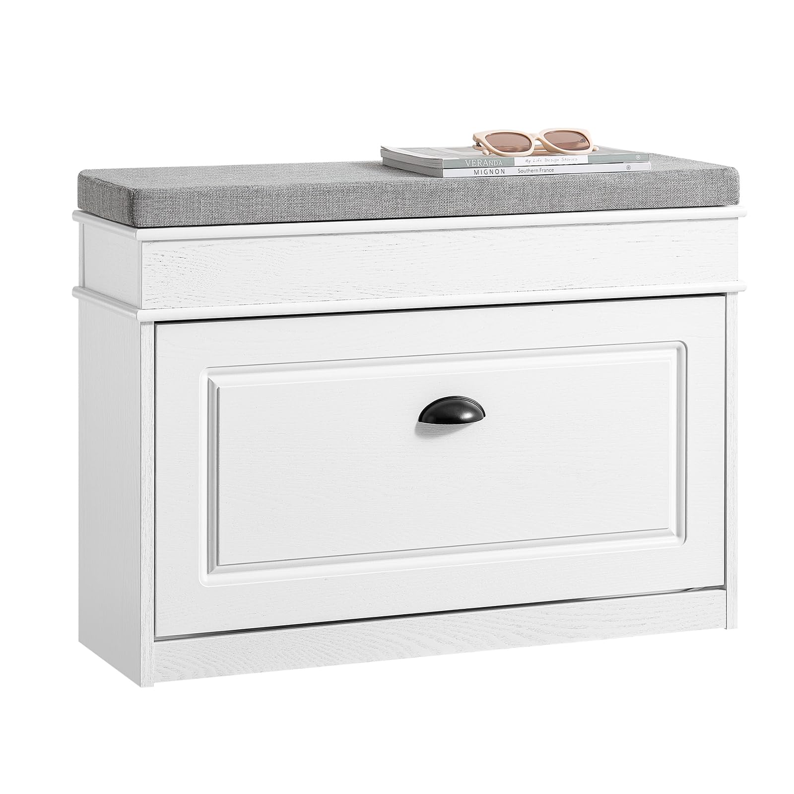 SoBuyShoe Storage Bench with Seat Cushion Narrow Shoe Cabinet with Flip Drawer 2-Tier Rack 180kg Load Hallway Storage Unit for Small Spaces W75xD24xH54cm White Vintage Wood Grain Effect FSR82-L-WG