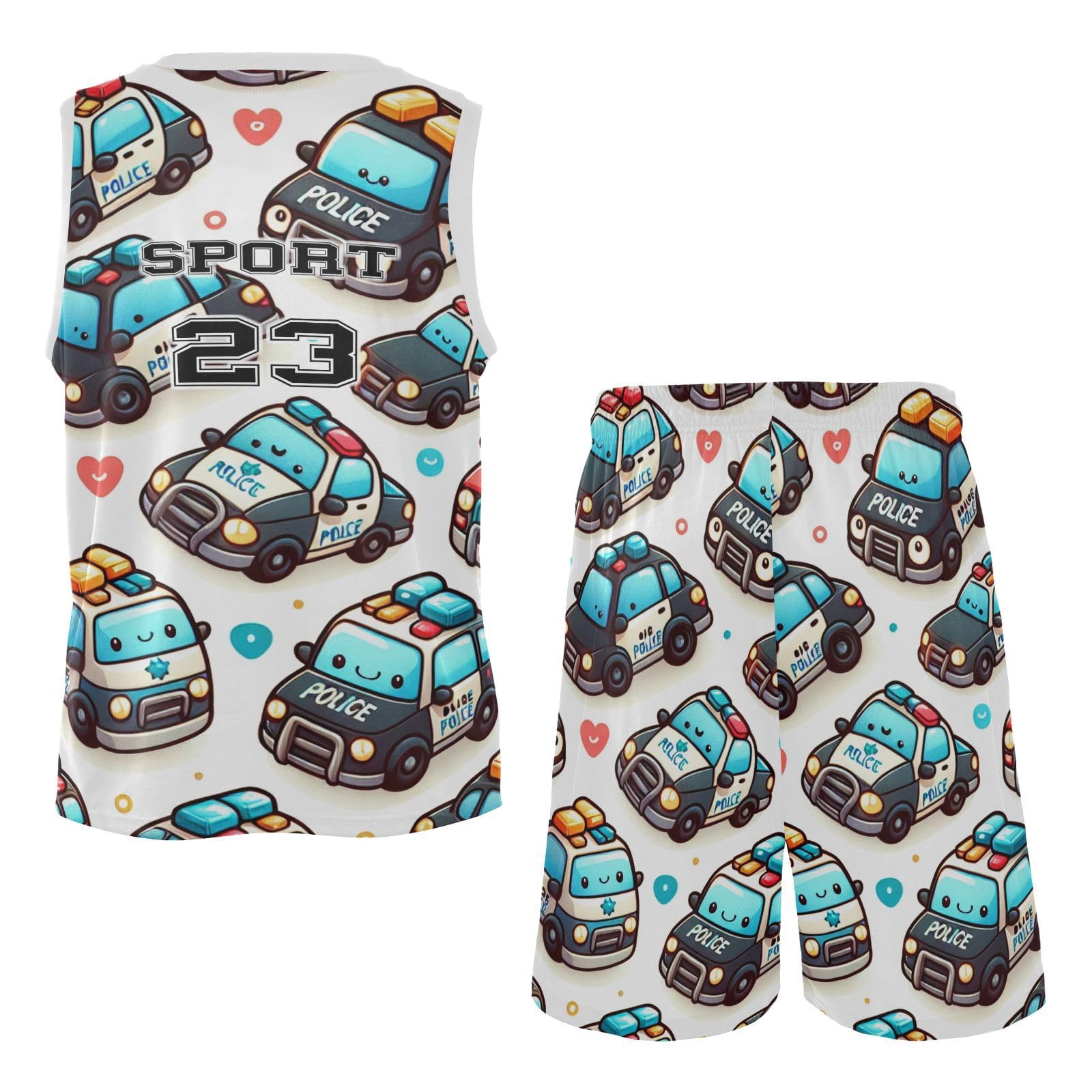 FLildon Cute Police Cars Boys Basketball Jersey Set Tank Top Shorts Tracksuit Sport Training Suit for Kids, XL