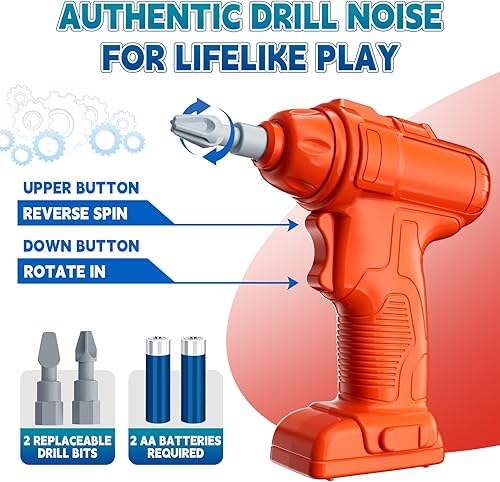 Miniatura 5 de Juego de banco de herramientas para niños con taladro eléctrico y ropa de trabajo, juego de 68 herramientas realistas para niños de 3 a 5 años,