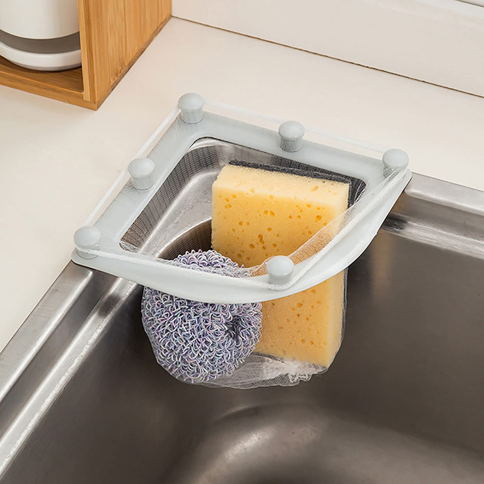 Cesta coladora triangular para fregadero, escurridor de verduras, frutas, cesta con ventosa para almacenamiento de cocina, estante de filtro para fregadero (gris)