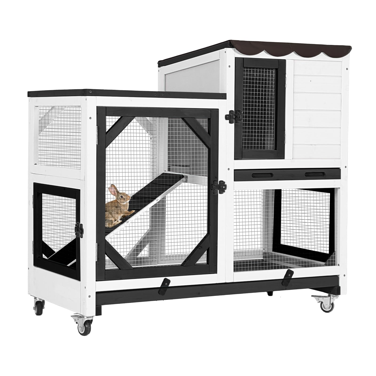 GUTINNEEN Rabbit Hutch Indoor Rabbit Cage with Wheels Outdoor Bunny House 2 Story Guinea Pig Cage with Leakproof Tarp Roof (White)