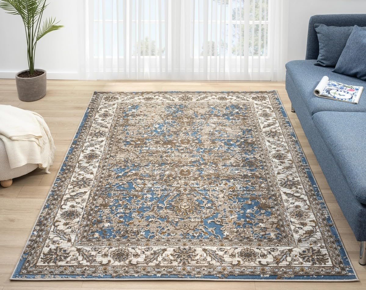 Lord of Rugs Traditional Vintage Rug for Dining Room, Living Room, Bedroom, Home Office, Kitchen Classic Bohomian Easy Care Rug Bordered Blue 553A2 Large 160x230 cm (5'3"x7'7")