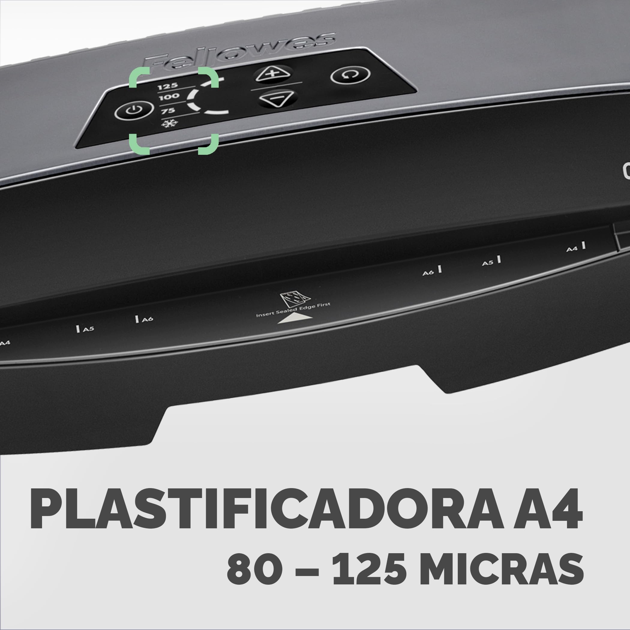 Fellowes Plastificadora A4 Calibre para pequeñas oficinas, 1 minuto de calentamiento con apagado automático y modo de reposo - 80-125 micras, Incluye 10 fundas de plastificación A4, Negro