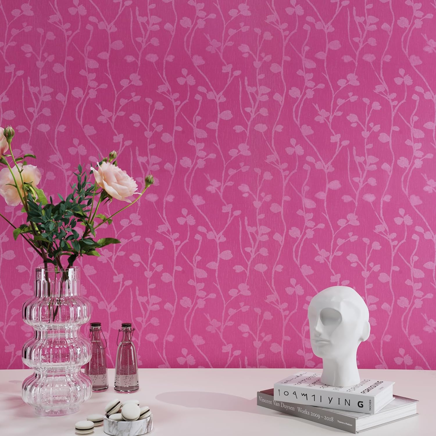 CRE8TIVE Pink Peel and Stick Wallpaper Textured Silk Wallpaper for Girls Bedroom 12"x354" Solid Pink Contact Paper Waterproof Removable Branch Leaf Self Adhesive Vinyl Film for Cabinets Drawer Liners
