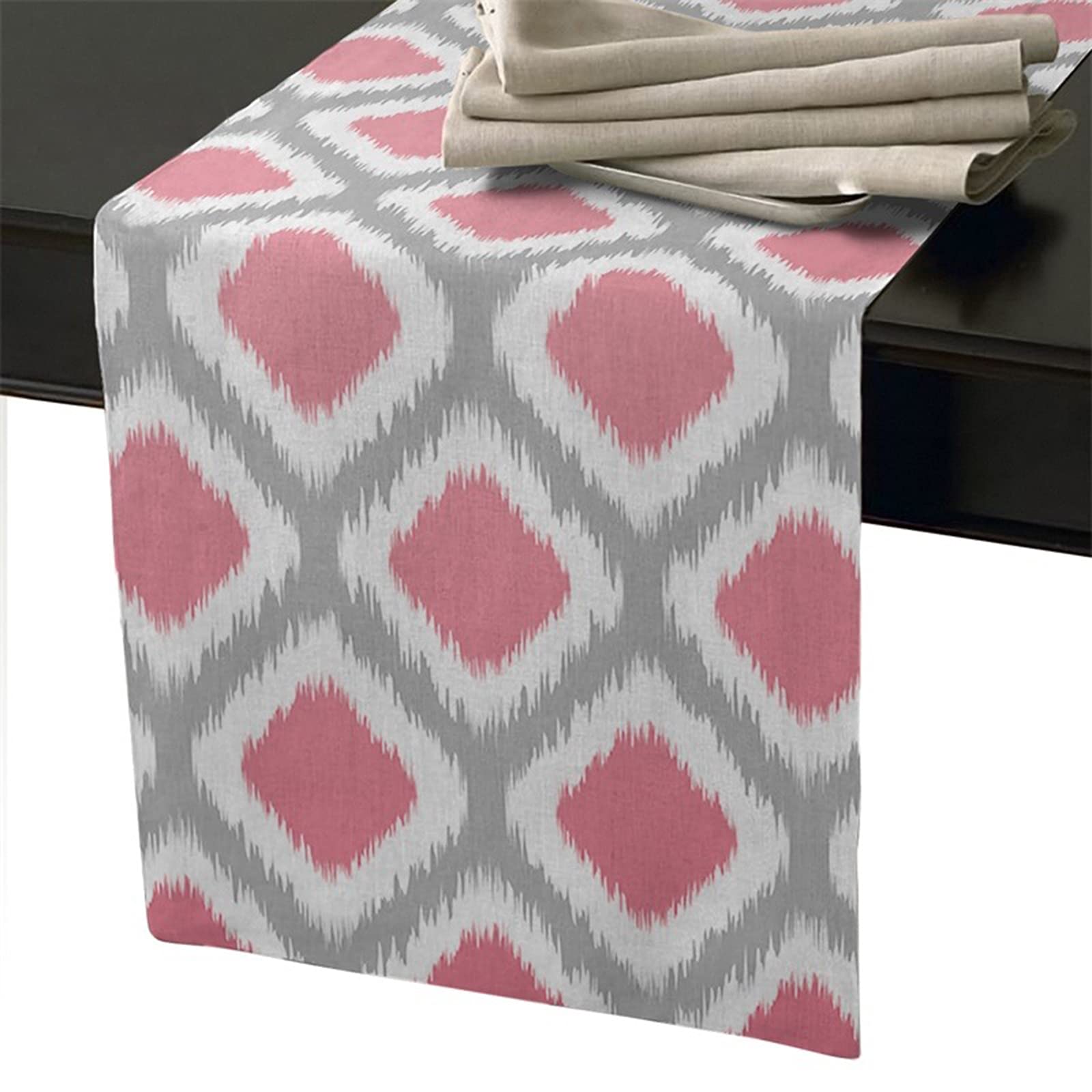 Chemin de table rose moderne KnSam en motif losange et textile coton lin lavable