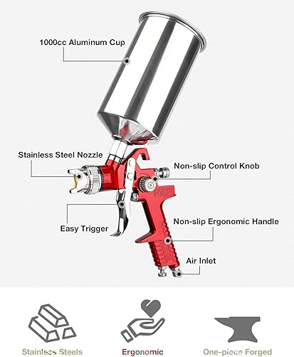 Miniatura 5 de YUZES HVLP - Pistola pulverizadora con boquillas de cobre de 1.41.70.098 in, taza de aluminio de 33.8 fl oz, pistola de pintura en aerosol con 10