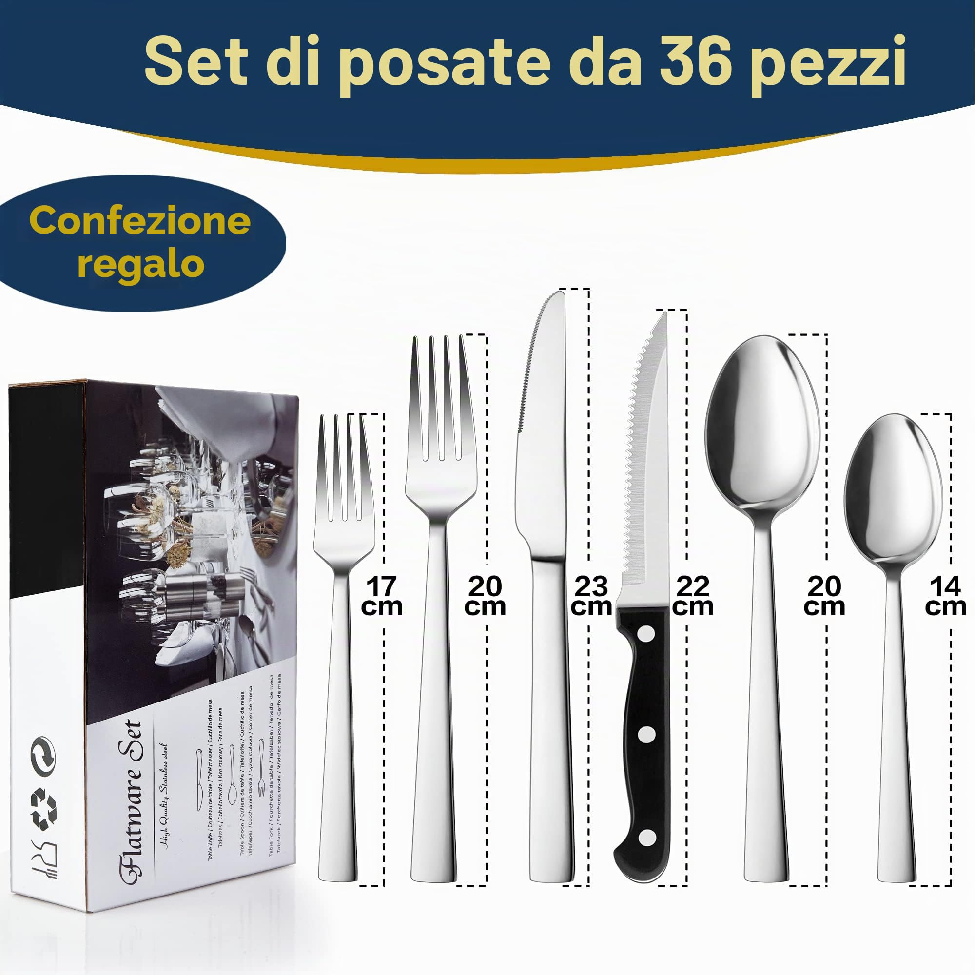 Herogo - Set di posate in acciaio INOX con coltello da bistecca e coltello da bistecca in argento, set per 6 persone, elegante coltello, forchetta e cucchiaio, per il ristorante