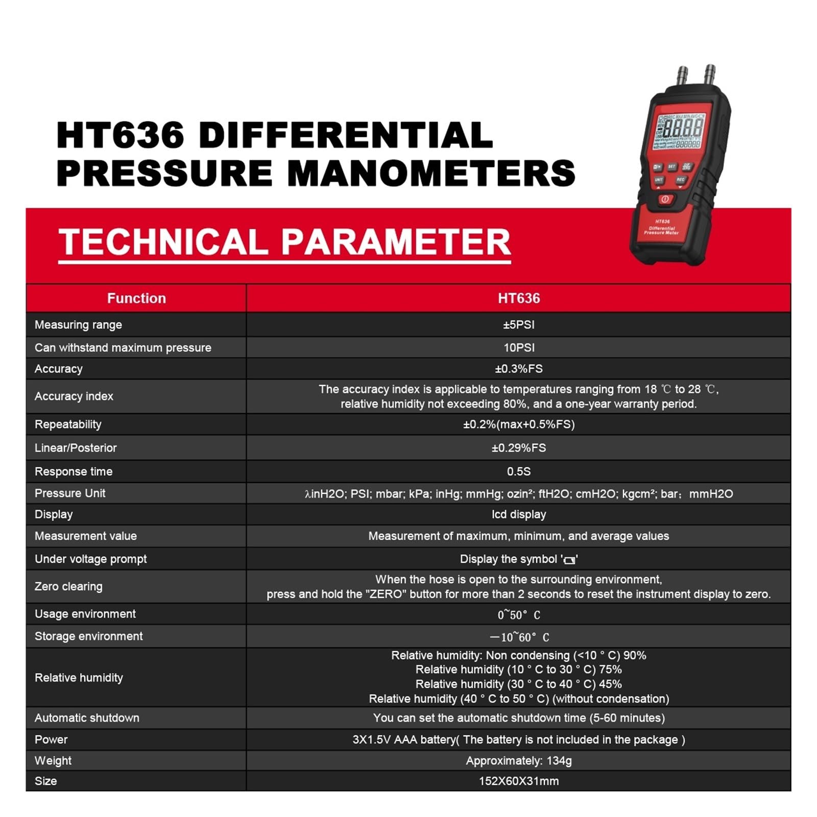 HT636 Manómetro digital de presión diferencial pantalla LCD servicio HVAC | Mide presión diferencial de aire para conductos HVAC, filtros, ventilación y diagnóstico