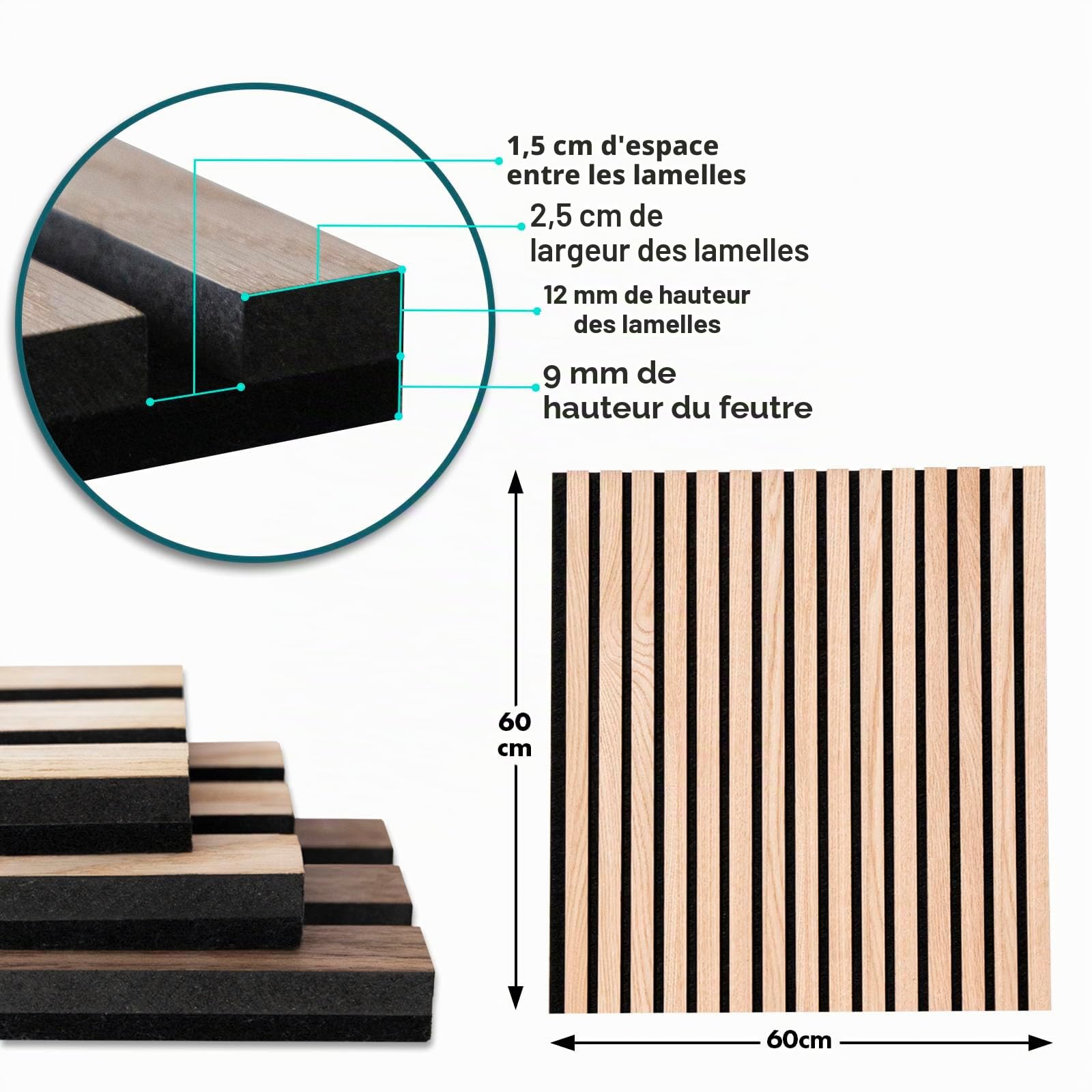 etm Panneaux acoustiques - 60 x 60 cm - Panneaux muraux avec placage en Bois véritable - Revêtement Mural - Panneau Acoustique en Feutre - Feutre Acoustique (White Oak)