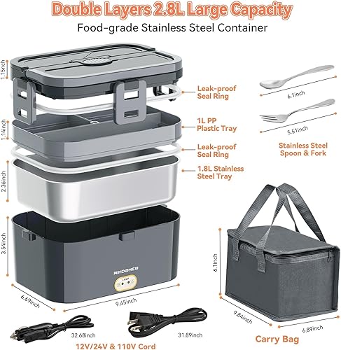 Miniatura 2 de Fiambrera eléctrica de calor más rápido, 2.8L, doble capa grande para coche, camión, trabajo, hogar