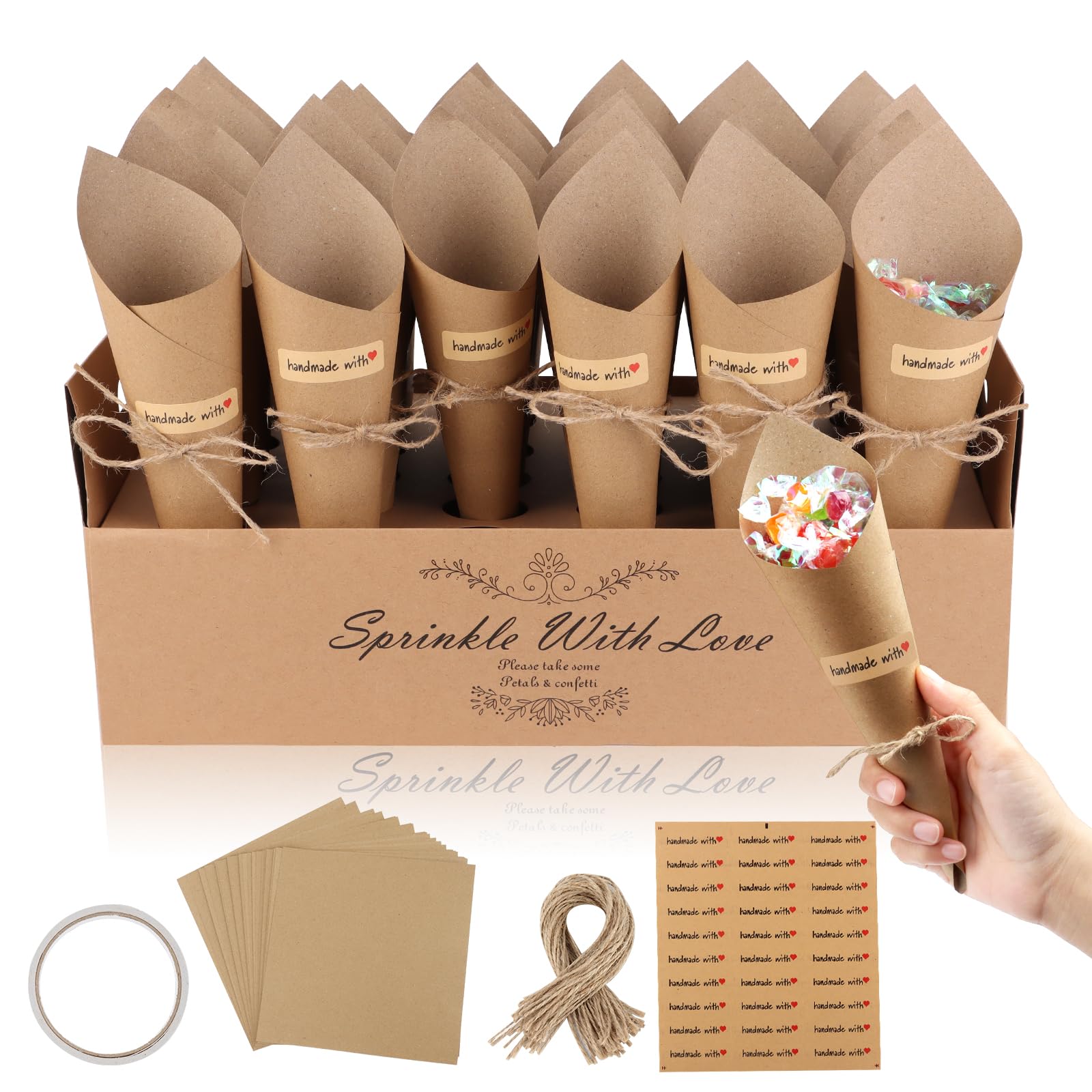 60 Piezas Conos Arroz Boda Papel Kcraft, DIY Cono para Confeti Chuches Pétalos Flores, para Decoración Bodas Navidad Fiesta Ceremonia Cumpleaños [Sólo Una 30-agujeros Caja Soporte/Bandeja ]