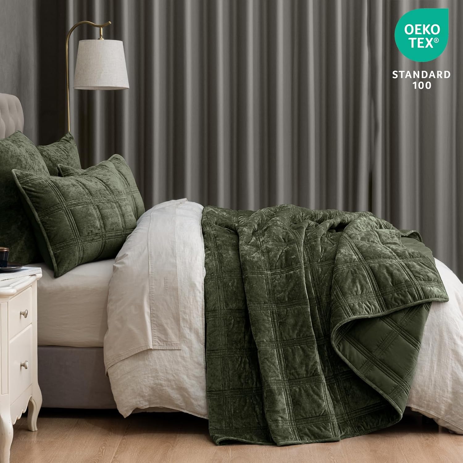 PHF Ultra Soft Velvet Quilt Set Twin Size – 2PCS Luxurious Cozy Quilted Comforter Alternative with Diamond Pattern, Warm Quilted Bedspread Coverlet, 68" x 92", Smokey Olive - Image 2