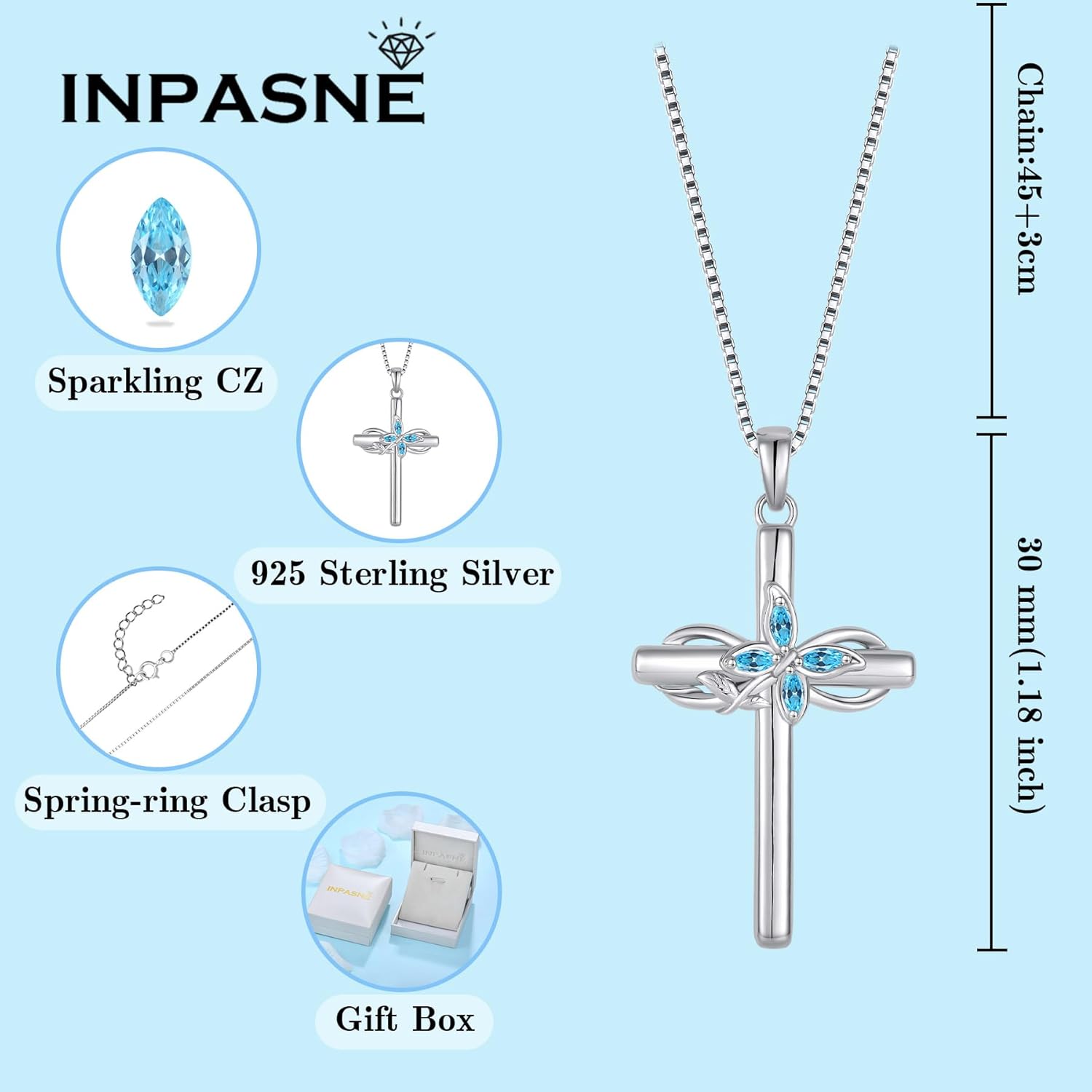Cross Necklace for Women 925 Sterling Silver Butterfly Cross Pendant Necklace Birthstone Jewelry Gifts for Her