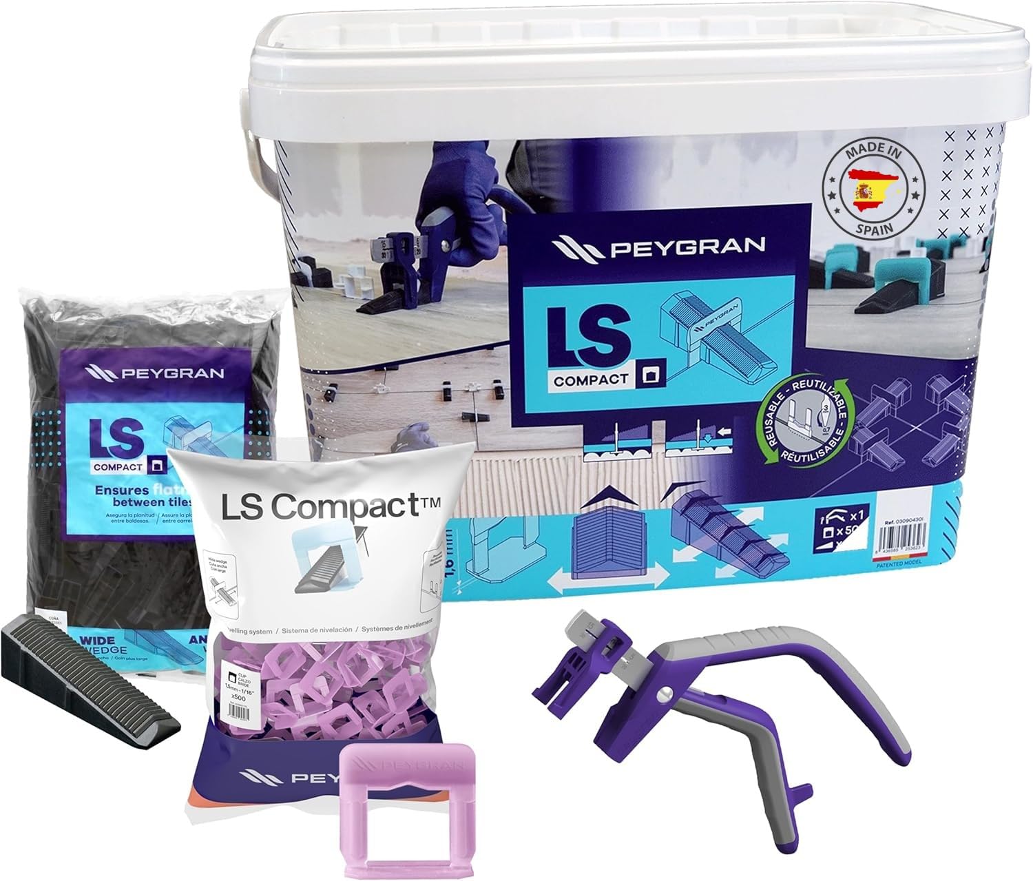 Peygran LS Compact Tile Leveling System Super KIT 1/16 (1.5MM) Includes Pliers, 500 Clips, 200 Wedges and Handy, Durable Bucket. Lippage Free and
