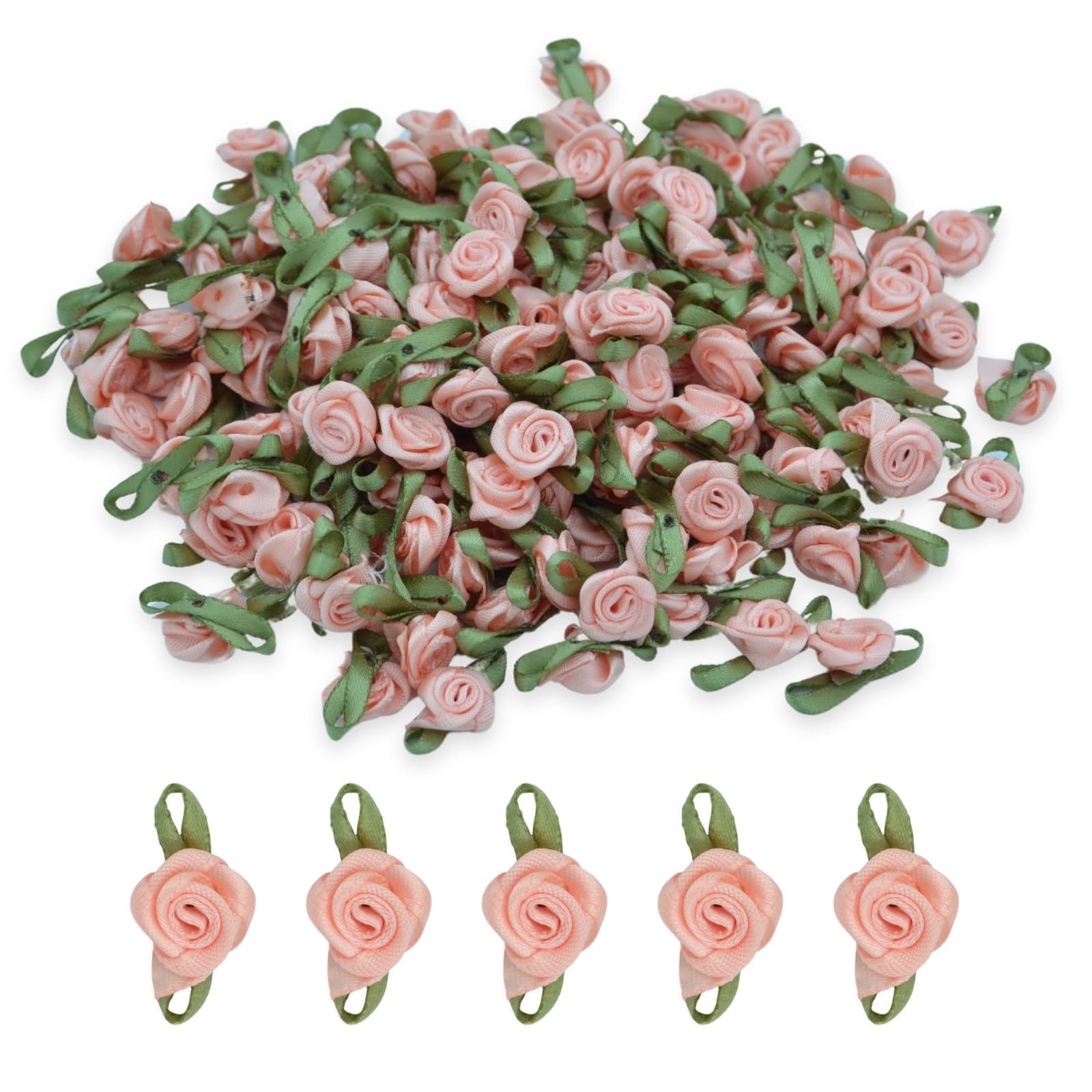 celloexpress 15mm Blush #20 Satin Ribbon Roses with Green Leaves - Small Flower Buds - Crafts, Embellishments (Pack of 25)