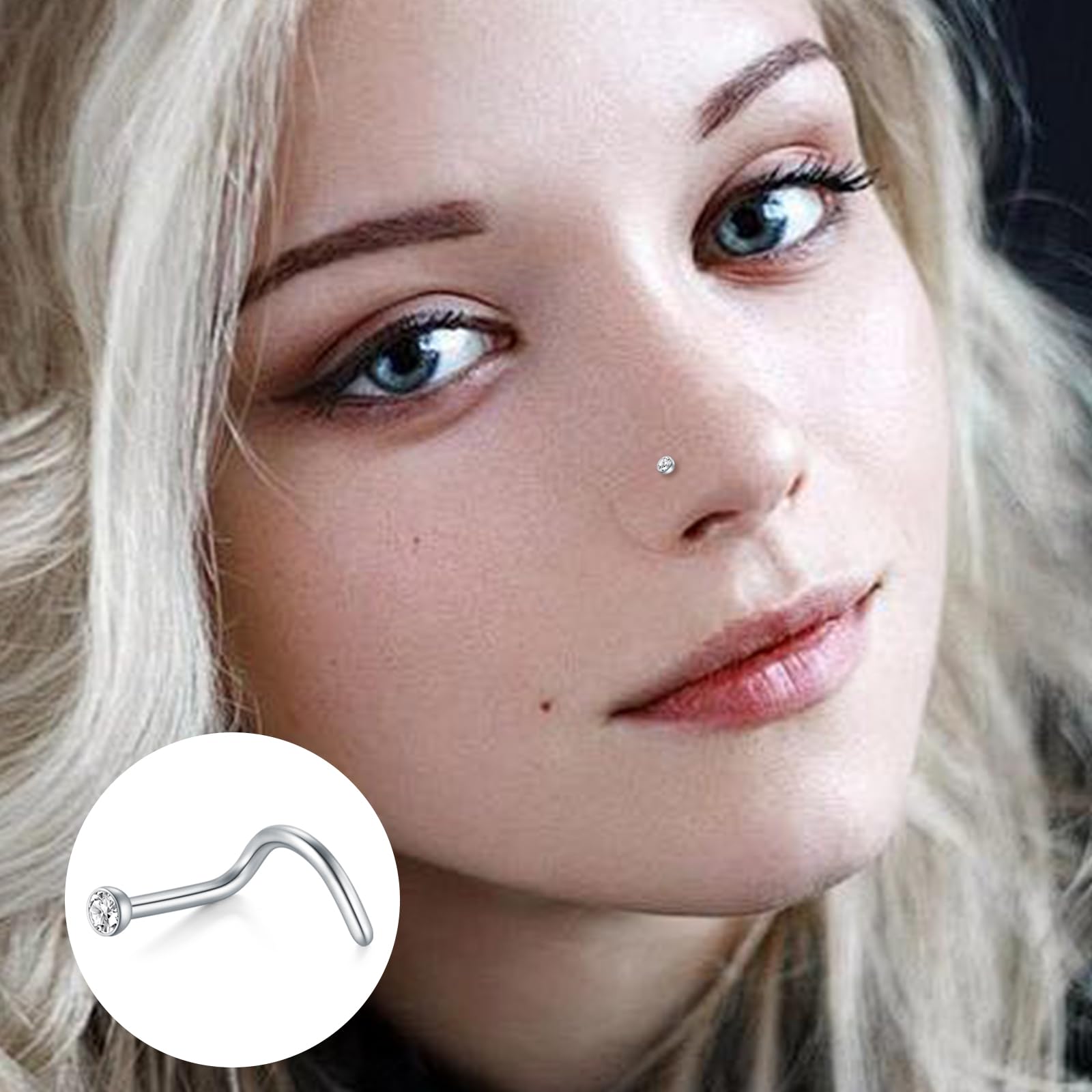 AceFun Nose Studs, L Shaped Stainless Steel Diamond Small Nose Rings for Women and Men — view 5