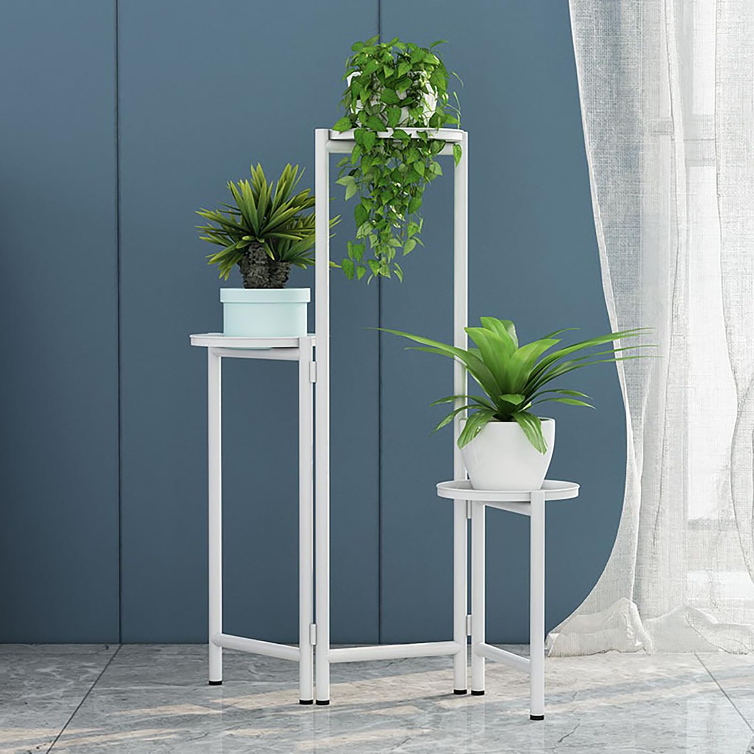 Support de plante à 3 niveaux en métal blanc pliable avec pieds antidérapants