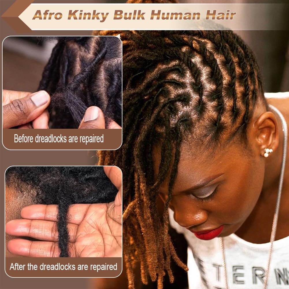 Premium Afro Kinky Bulk Human Hair 100%, Afro Kinkys Human Hair Bulk For Dreadlock Extensions, Repair Locs, Create dreadlocks. Can Dye and Bleach, 8 Inch 30g/pack