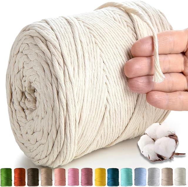 MeriWoolArt® Naturalna Lina Bawełniana 4mm, 225m Miękka Przędza Makrama, Przędza Bawełniana do Pióra Boho, Łapacza Snów Makrama, Dekoracja Ścienna Makrame, Wieszaki Makramowa i DIY Dekoracje Makramy