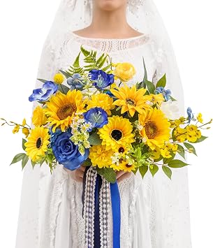TINGE TIME 13 InchWedding Bouquets for Bride,Bridal Bouquet for Bride, Artificial Silk Sunflowers for Graduation Bouquet, Fake Flowers for Wedding Ceremony and Anniversary Sunflower&RoyalBlue