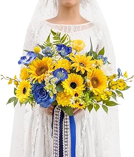 TINGE TIME 13 InchWedding Bouquets for Bride,Bridal Bouquet for Bride, Artificial Silk Sunflowers for Graduation Bouquet, Fake Flowers for Wedding Ceremony and Anniversary (Sunflower&RoyalBlue)