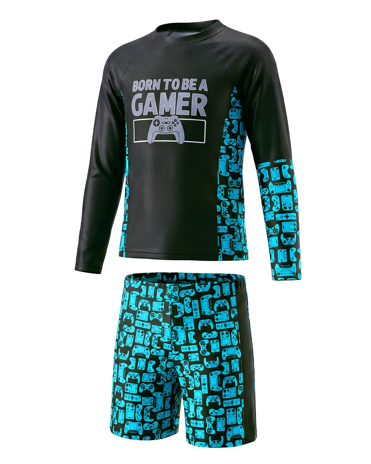 JiAmy Jungen Badekleidung Sets, Stylischer Druck UV-Schutz Langarm-Shirt und Badehose Zweiteiliger Kinder Badeanzug für 8-13 Jahre/122-150
