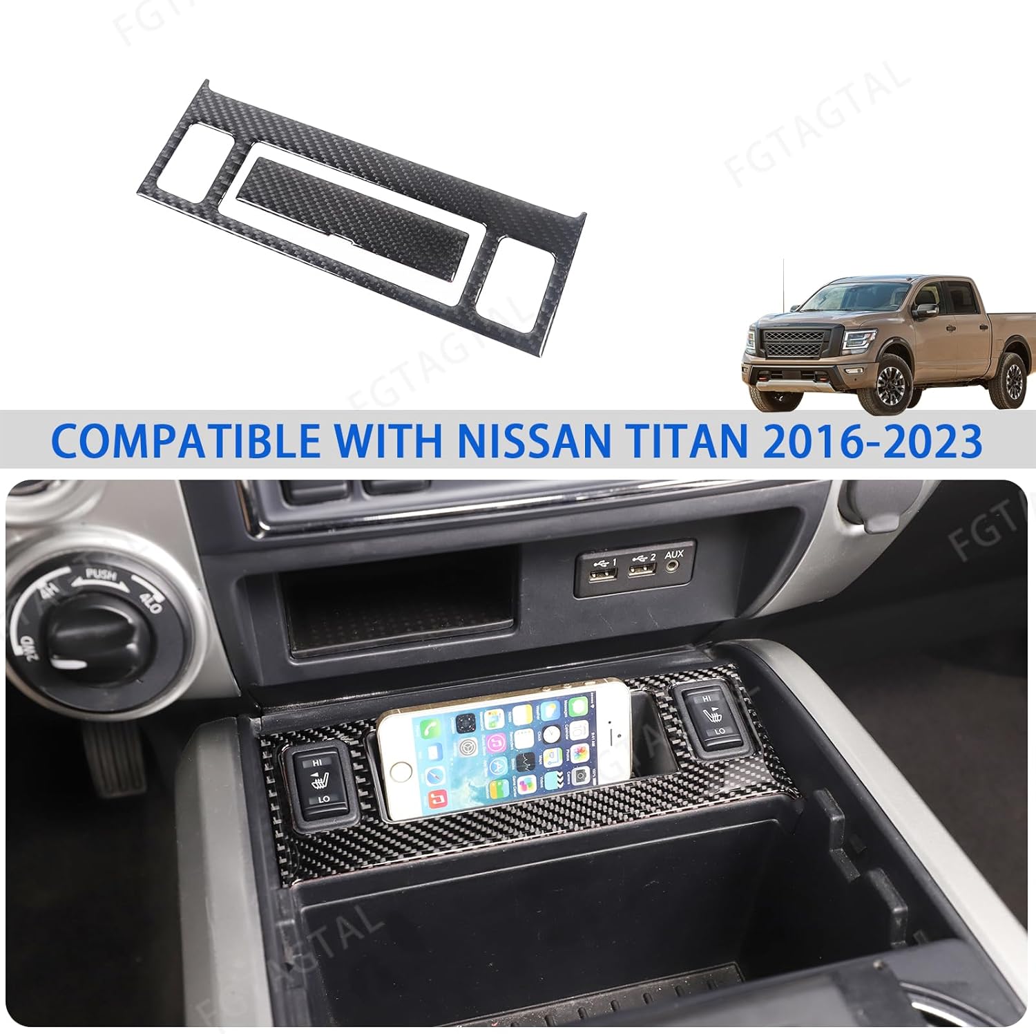 Soft Carbon Fiber Center Console Seat Heating Button Switch Trim Sticker Fit for Nissan Titan 2016-2023, Console Heating Button Panel Trim Cover Accessories, 2PCS (Black)