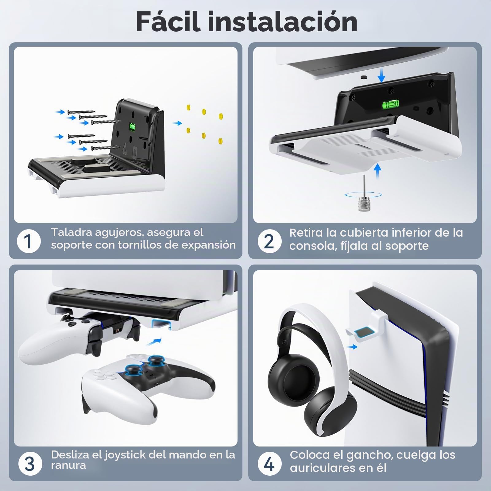 Soporte de Pared para PS5 Compatible con Consolas P5/Slim/Pro, Soporte Vertical para PS5 para Base Mando P5, Kit de Montaje en Pared para PlayStation 5 Accesorios con Gancho Auriculares, Blanco