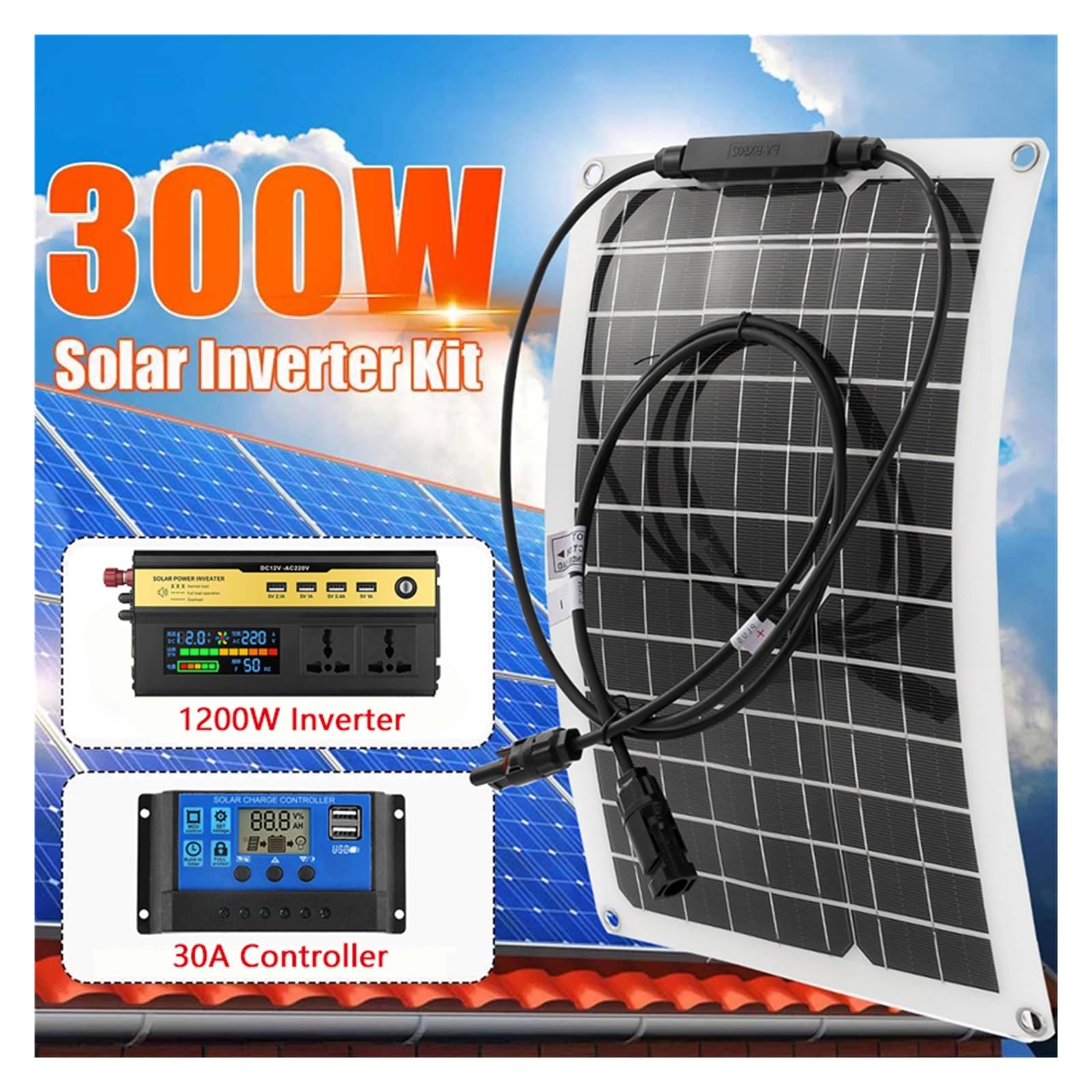Solarstromanlage for Wechselrichter-Kit, Solarpanel-Batterieladegerät mit Controller, Heimnetz, Camp-Telefon Einfache Installation(1200W Inverter kit)