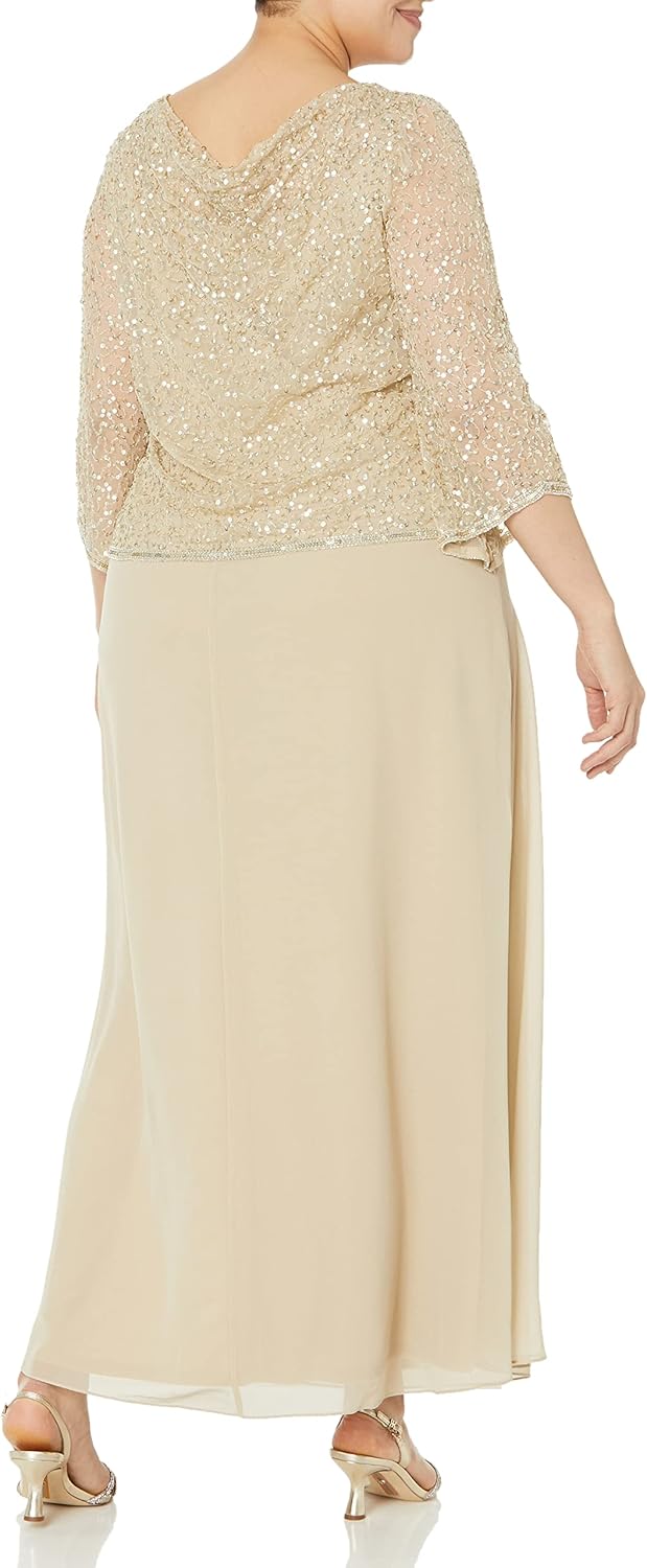 J Kara Women's Petite 3/4 Sleeves Long Beaded Gown With