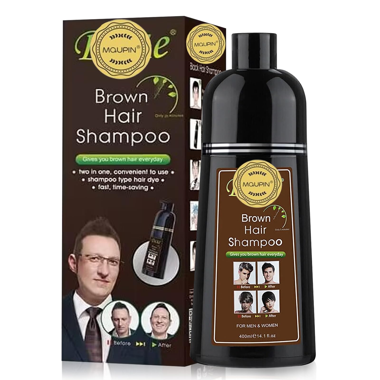 400ml Brown Hair Dye Shampoo, Natural Ingredients, Deep Conditioning, Long Lasting Fast Coloring, Full Coverage for Men and Women
