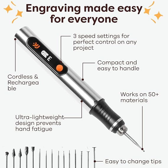 Resparked Customizer Engraving Pen Ultimate Cordless Portable Tool for Artists & DIYers - Engrave 50+ Surfaces - Beginner Friendly - Rechargeable - Free 30 Bits & Mastery Guide