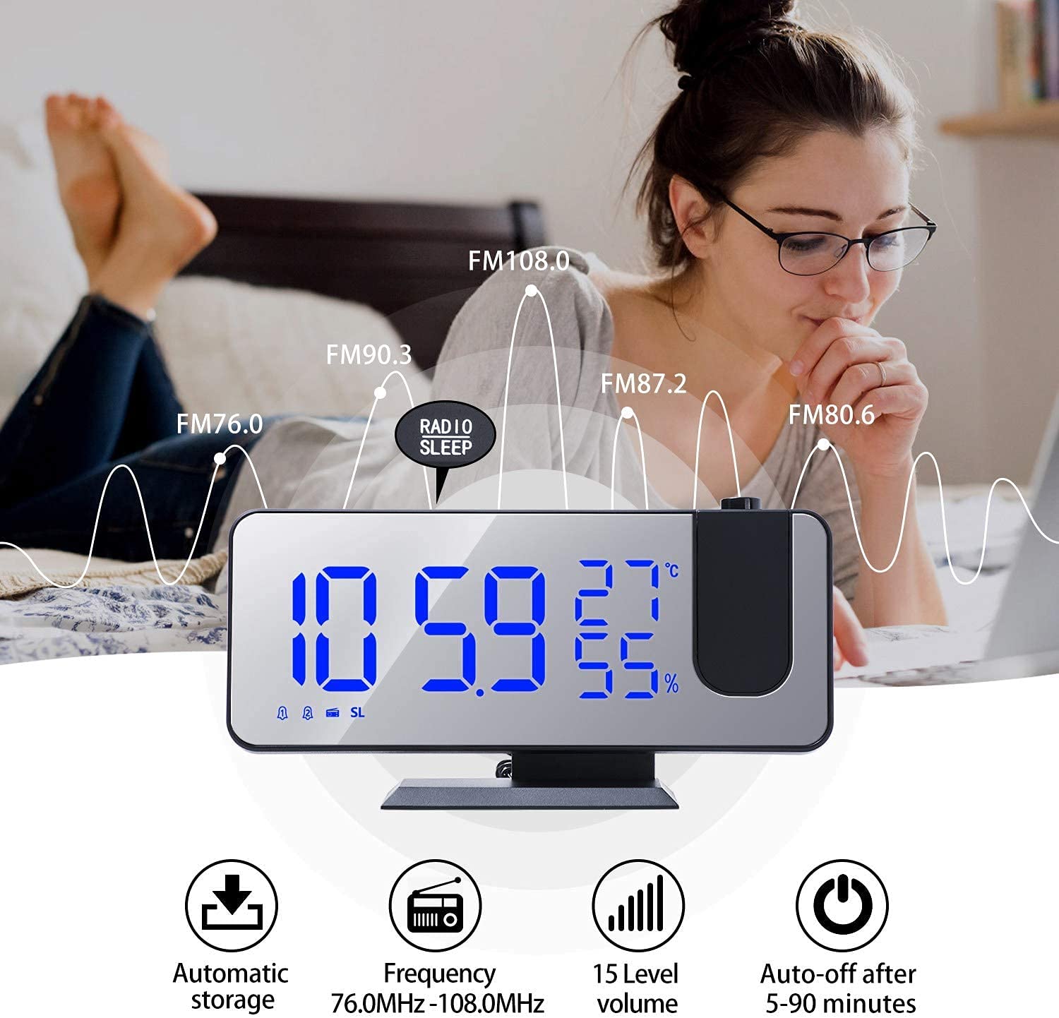 TXXMM Reloj de Alarma de proyección, Reloj Digital con Radio FM y USB Cargador, Digital DIRIGIÓ Dimmer de Pantalla de Temperatura y Humedad