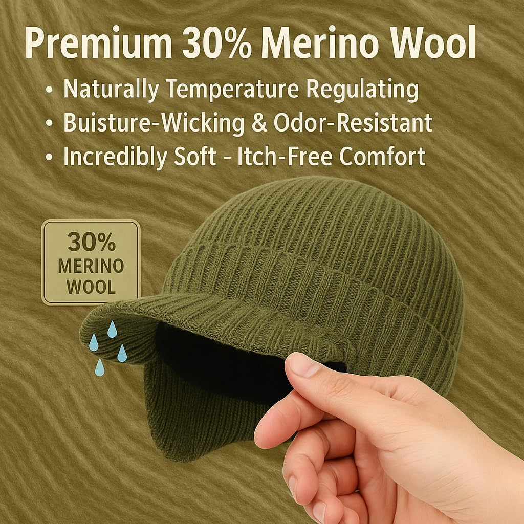 Plus Size M/L/XL/XXL Waterproof Merino Wool Beanie Hat with Brim Ear Flaps Fleece Lined Ski Cap for Cold Weather & Big Heads - Image 6