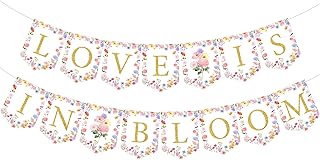 Cheereveal Love is in Bloom Banner - Flower Theme Bridal Shower Bunting Garland, Pink Pre-Assembled Party Signs, Engagement Wedding Party Supplies and Decorations