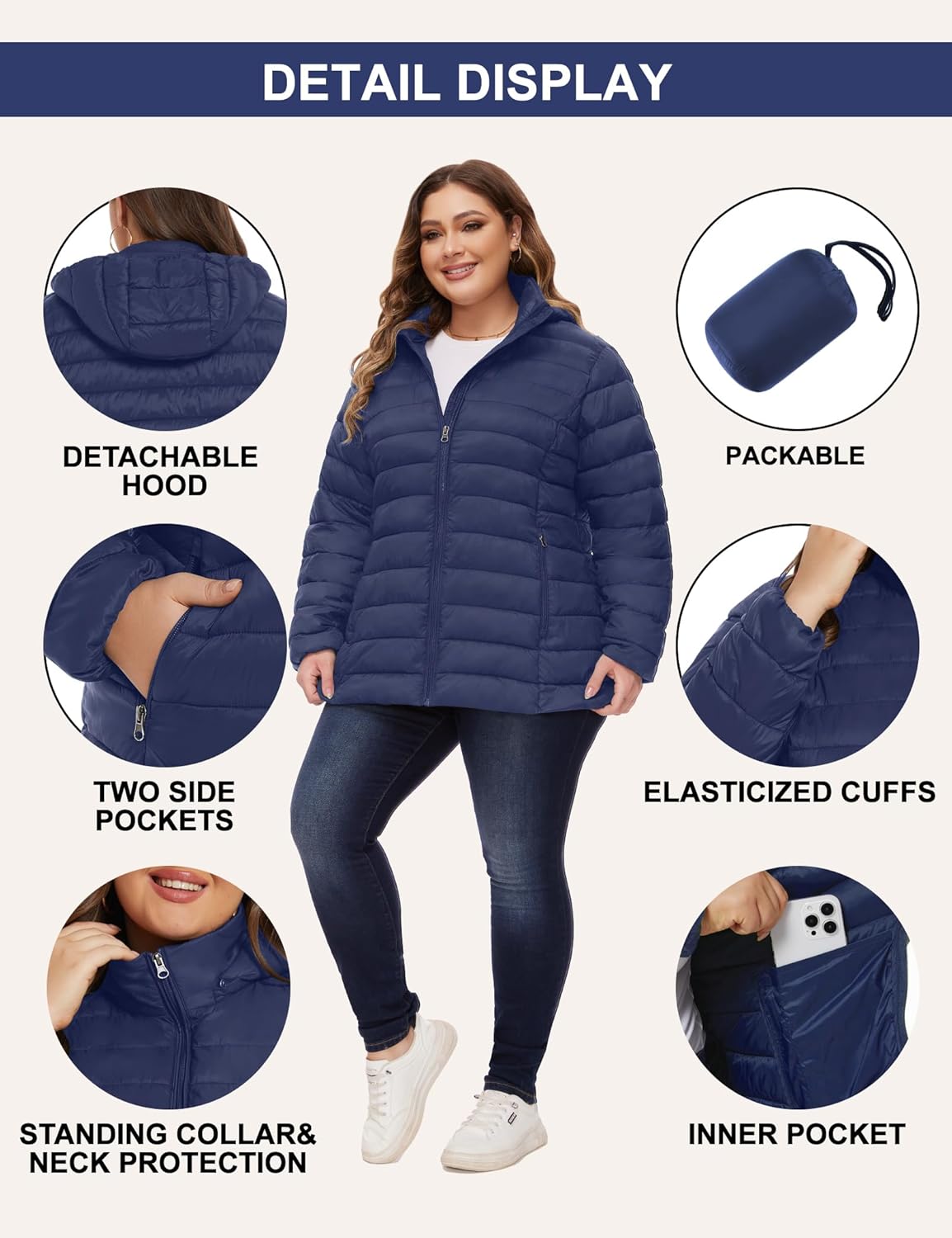 ANOTHER CHOICE Plus Size Packable Puffer Coat for Women, Light Weight Winter Jacket with Hood - Image 5