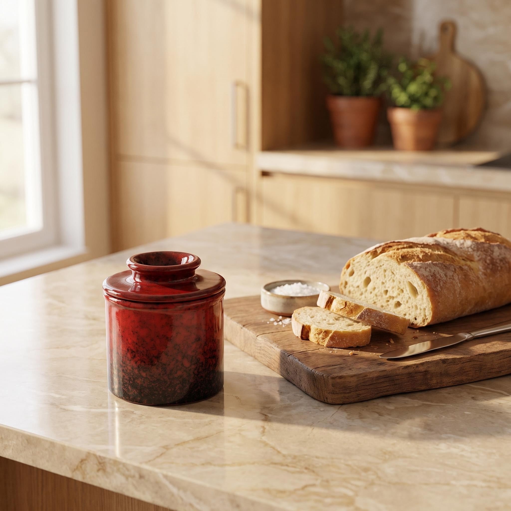 Pottery Butterbehälter, Buttertopf, rote französische Butterdose, Buttertopf für Theke mit Wasser, Keramik-Butterhalter, Tasse zum Verlassen auf der Theke